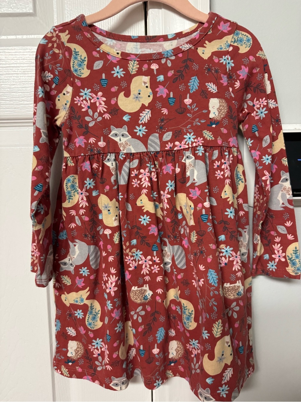 Girls' Long Sleeve Animals knit Dress - Rust Red with Pastel Accents